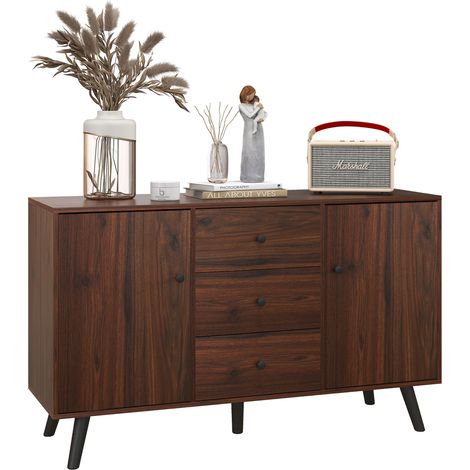Credenza Moderna in Legno e Truciolato con 2 Armadietti e 3 Cassetti, 127x40x76 cm, Marrone e Nero