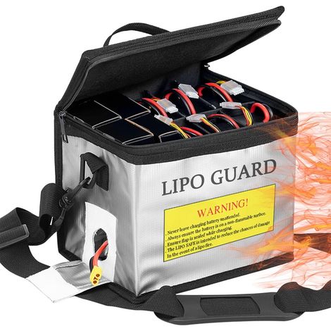 Lipo Safe Bag,Sac Lipo Ignifuge et Antidéflagrant Bac Batterie Pochette Anti Feu Protection Sac Batterie avec Double Fermeture et Bandoulière réglable pour Le Chargement et Rangement Piles (1/4)