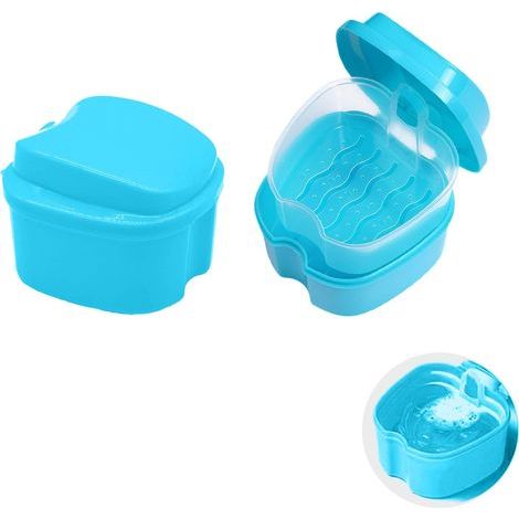 Aufbewahrungsbox für Zahnprothesen – 2-teilig, Box mit Filter zur Reinigung von Zahnprothesen, Zahnspangen, faltbarer Zahnbürste und Mundpflegezubehör (Hellblau, 9,5 x 9,3 x 6,8 cm) (1/5)