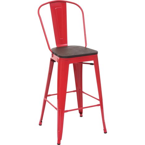 Sgabello con schienale bistrot design industriale HHG-896 legno metallo verniciato rosso