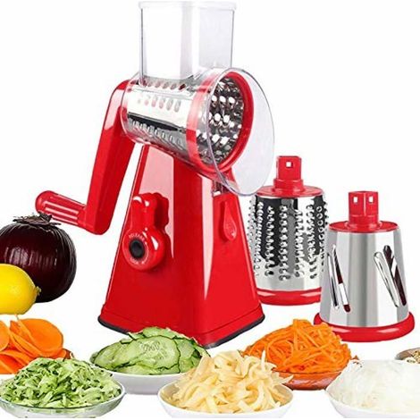 Râpe à fromage rotative Mandoline Râpe à légumes rotative manuelle avec 3 lames interchangeables, facile à utiliser (rouge) (1/4)