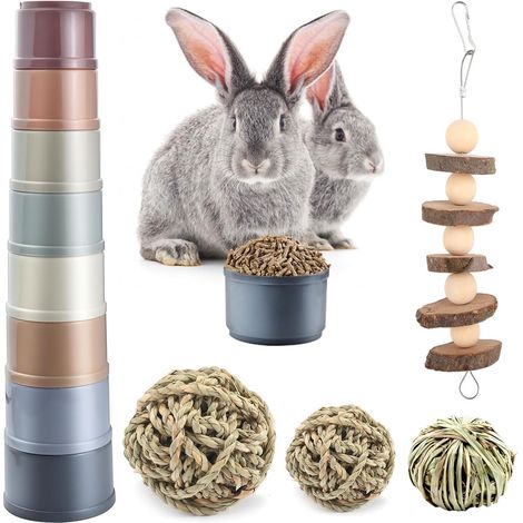 Ensemble de 12 Jouets pour Lapins avec 8 Anneaux à empiler, 3 Boules d'herbe tissées à la Main, 1 Pont en Bois. Sûr et Non Toxique pour Les Lapins et Les Petits Animaux pour Cacher la (1/5)