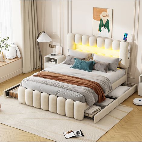 Letto imbottito 160x200 cm con 4 cassetti, LED, USB e sistema audio, velluto beige, senza materasso (1/5)