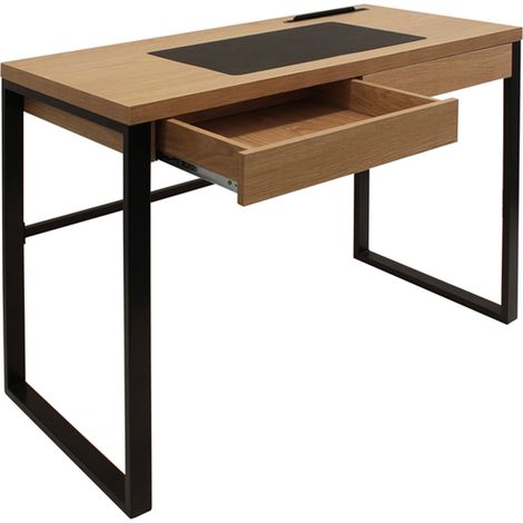 Bureau 1 tiroir 100x50x74 cm en bois et métal noir