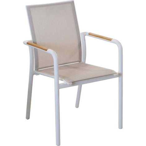 PROLOISIRS Fauteuil repas empilable - AROHA - Blanc chevron - Aluminium époxy - Accoudoirs teck FSC (1/3)