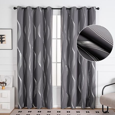 Rideau Thermique Isolant - Rideaux Occultant Décoration de Fenêtre Rideaux Opaque Motif Argenté à Oeillets Économie, L132 sur H 160cm, Gris, 2 Pièces (1/3)