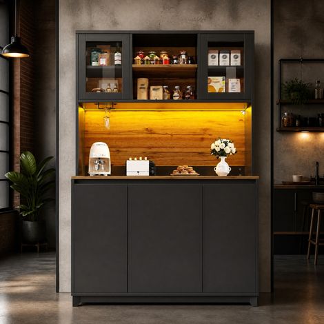 Credenza da cucina 120 x 40 x 180 cm con LED, ante acriliche, nero, OKWISH (1/5)