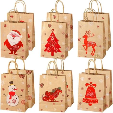 Lot de 24 sacs cadeaux de Noël avec poignées, 20 x 15 cm, petits sacs en papier kraft pour les fêtes de fin d'année, 6 styles (1/5)