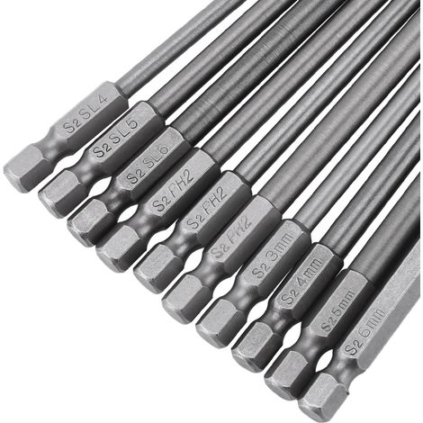 Jeu de 10 embouts de tournevis magnétiques BST à tige hexagonale de 1/4 pouce et de 100 mm de long (tête hexagonale plate et cruciforme) (1/5)