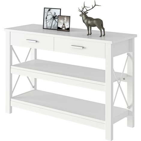 Console, table d'entrée, guéridon avec 2 tiroirs et étagères inférieures, structure en métal, 105 x 40 x 76 cm, blanc (1/5)