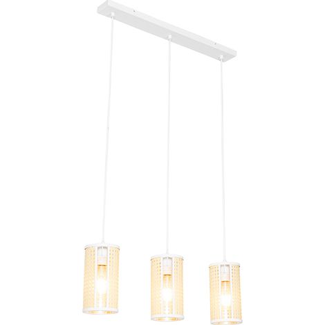 Oriental Pendant Light White with Rattan 3-Light Oblong - Akira