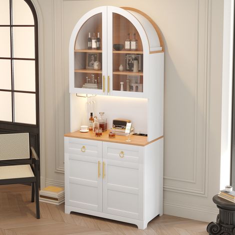 Küchenschrank hochschrank buffet 80x40x180cm mit steckdose usb und smart led - glasvitrine bogenform und schubladen - sideboard mdf holz - weiß (1/5)