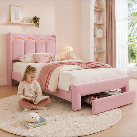 Cama individual infantil 90x200 cm terciopelo rosa, con cajón para cuarto, sin colchón FloraGrace (1/5)