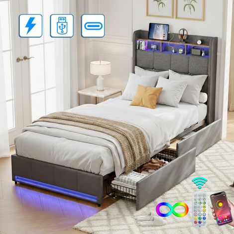 Cama individual de 90x200 cm con cajones, cabecero con almacenaje e iluminación LED, puertos USB + Tipo C, tapizado en lino, somier de láminas, cama infantil práctica y moderna - Gris