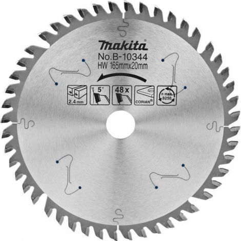 Makita – Lame de scie circulaire 165 mm – Alésage 20 mm – 48 dents pour Corian – Technologie anti-vibration pour coupes plongeantes
