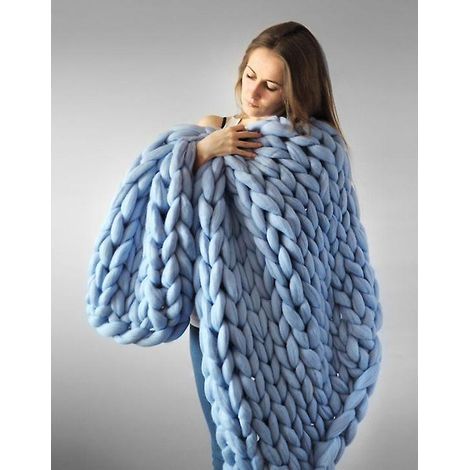 bleu Ciel,6080cm Plaid Tricot Main En Grosse Maille, Couverture Laine Tricot Grande Maille Jet De Lit Pour Sofa, Natte De Couchage (1/5)