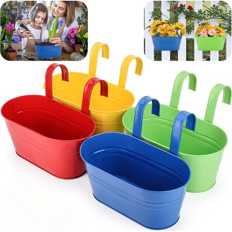 4 Grands Pots de Fleurs en Métal à Suspendre, Crochets Amovibles 27,5CM Grands Pots de Fleurs Seau à Fleurs Suspendu, pour Intérieur Extérieur Balcon Clôture Jardin Maison Décor (4Couleurs) (1/5)