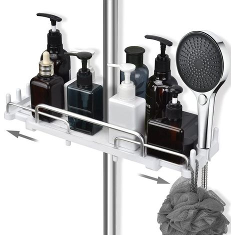 Étagère de Douche Télescopique 28-44 cm, Salle De Bain Rangement Douche sans Percage, Etagère de Rangement pour Barre de Douche de 18 à 25 mm (Blanc) (1/4)