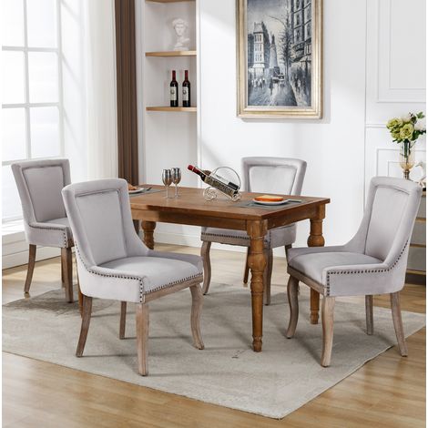 Lote de 4 sillas de comedor tapizada con tachuelas, patas de madera maciza, gris (1/5)