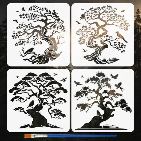 4 Pièces Pochoirs d'Arbres et Oiseaux avec un Pinceau 30x30cm Ensemble de Pochoirs Arbre de Vie Réutilisable Gabarits de Dessin d'Arbres de Style Chinois pour Murale Bois DIY Maison (1/5)
