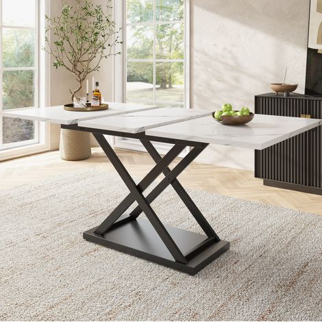 Table extensible da pranzo MDF effetto marmo bianco e metallo nero 120-160x80x75 cm (1/5)