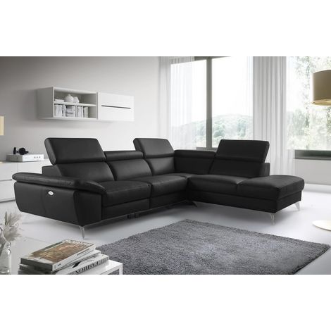 Canapé d'angle relax en 100% tout cuir épais de luxe italien avec relax électrique, 5/6 places KASTER, noir, angle droit (1/5)