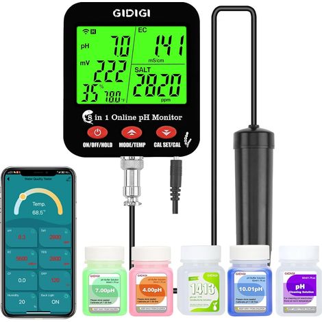 Testeur intelligent WiFi 8 en 1 de pH/EC/CF/TDS/salinité avec ORP, humidité,température, moniteur de nutriments hydroponiques et testeur sel et de pH pour aquariums, bassins et systèmes hydroponiques (1/5)