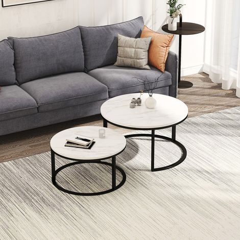 Lot de 2 Tables basses gigognes,placage de marbre,structure en métal ,rond,noir,80x80x45 cm,60x60x33 cm (1/5)