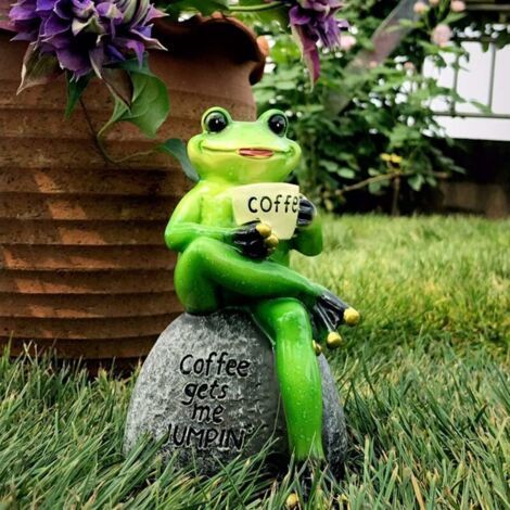 Statue de jardin Statue de grenouille verte pour boire du café - Décoration d'intérieur ou d'extérieur - 15 cm (1/5)