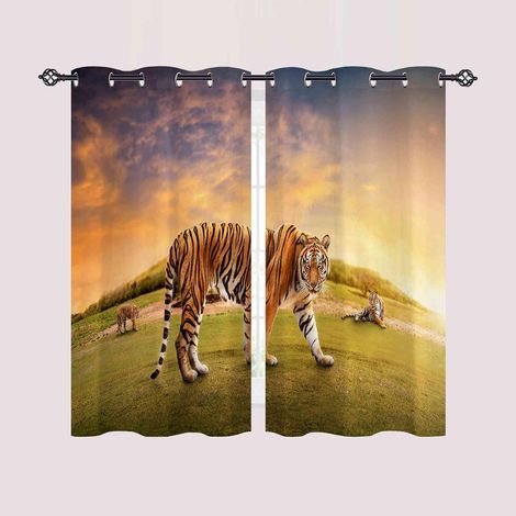 Rideau Occultant Forêt Jungle Animaux Tigre Rideau Thermique Isolant Draperies Intérieurs Tenture Opaque à Oeillets pour Maison Chambre Salon Fenetre 2 Pièces L 60 x H 120 cm - 60L X 120H cm (2 Pannea (1/5)