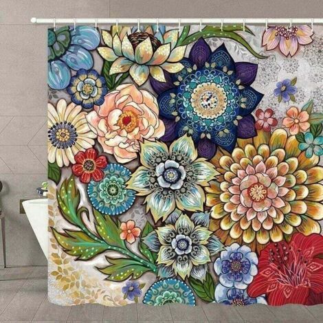 Rideau de Douche - Fleurs Multicolores - Art Naturel - 180 x 200 cm - Lavable - Anti Moisissure - Imperméable - avec 12 Anneaux - Rouge Jaune Bleu Vert (1/3)