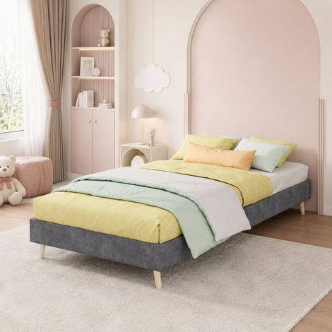 Letto 90x200 cm grigio in velluto olandese, base bassa, senza testiera DESVIAE (1/5)