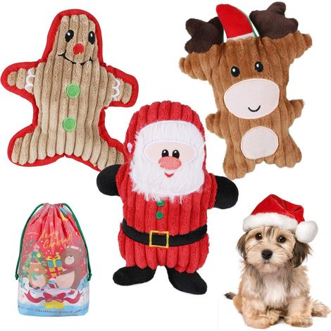 3-teiliges Weihnachtsspielzeugset für Hunde, Plüsch-Quietschspielzeug für Hunde inklusive Lebkuchenmann, Rentier und Weihnachtsmann. (1/5)