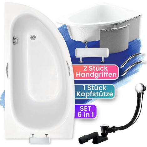 Badewanne Eckbadewanne 150x70 Links mit Styroporverkleidung + Handgriffen + Kopfstütze, Ablauf & Füße GRATIS, SET 6in1 - BADLAND MILENA PREMIUM (1/5)