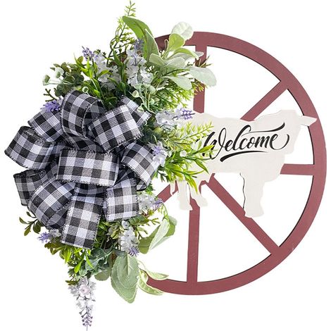 Guirlande En Bois Avec Roue De Vache - Plaque D'accueil Décorative Pour Porte Extérieure Ou Cour - 40 x 35 cm - 1 Pièce (1/5)