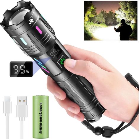 Lampe Torche LED Ultra Puissante 1000000 Lumens, Rechargeable, Longue Portée, 5 Modes D'éclairage, Zoomable (1/5)