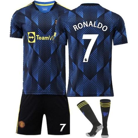 Ensemble d'entraînement de football maillot Ronaldo 28 pour adolescent (12-13 ans), tenue de sport réversible, pack de jeu complet, couleur bleue, taille junior.
