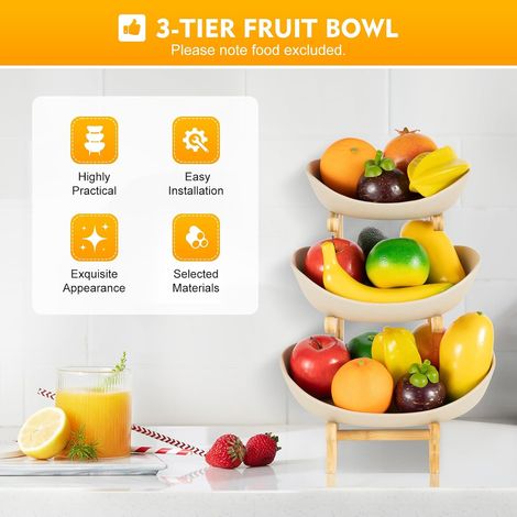 Fruit Stand Ceramic 3-Tier Porcelain Fruit Plate with Natural Bamboo Stand Serving Plate Fruit Basket for Fruit Cake Sweets (Earth Colour) (1/5)