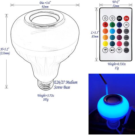 Ampoule musicale Bluetooth LED RGB à couleurs changeantes avec télécommande pour fêtes, maison, chambre, bar (1/5)