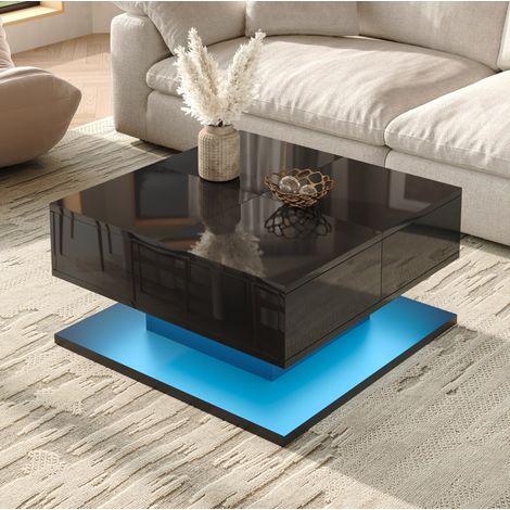 Tavolino da caffè multifunzione 72 x 72 x 35 cm con piano sollevabile, cassetti, LED APP, MDF e pannello truciolare nero (1/5)