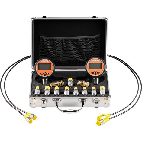 Kit de Test de Pression Hydraulique, 2 Manomètres Numériques 0-10000 PSI 0-700 Bar avec 9 Raccords de Test, 2 Raccords Rapides et 2 Tuyaux, pour Excavatrices Machines de Construction Chantier (1/5)