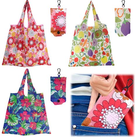 Sac Réutilisable - Sac à Courses Pliable - 37 x 51 cm - Polyester - Pour Courses, Voyages, Stockage - Lot de 3 (1/5)