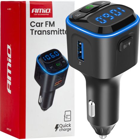 Émetteur FM pour voiture, carte microSD, 1 port USB-A, 2 ports USB-C, 12 V/24 V, amio-04651 (1/5)