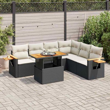Set sofás jardín y cojines 7 pzas ratán sintético acacia negro vidaXL (1/5)