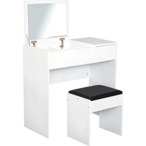 Coiffeuse avec Tabouret et Miroir Rabattable, 80x40x79 cm, 40x30x40 cm, Rangement Pratique pour Maquillage. (1/5)