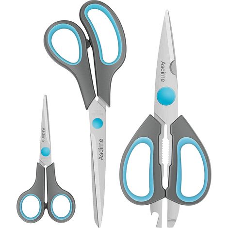 Ciseaux de Cuisine Multifonctionnels avec Lames en Acier Inoxydable et Poignées Souples, Ensemble de 3PCs, Bleu/Gris (1/5)