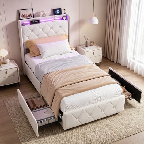 Letto singolo 90x200 cm – Letto matrimoniale – 2 cassetti – Illuminazione LED RGB – Porta USB/Type-C – Rete a doghe – Velluto beige (1/5)