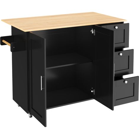 CAIziGrand îlot de cuisine mobile L135B44(70)H90cm, plan de travail en bois de chêne, design pliable, meuble multifonctionnel, 3 tiroirs, porte-serviettes, pour cuisine, salle à manger, maison (1/5)