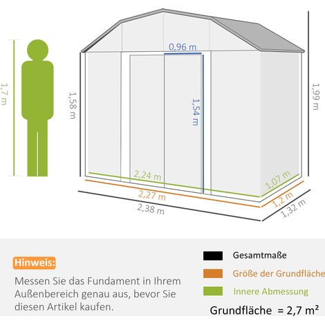 Abri de jardin Outsunny en acier 2,7 m², résistant aux UV, avec 2 portes coulissantes, étagère et fondation, gris foncé, 238 x 132 x 198,5 cm (1/5)