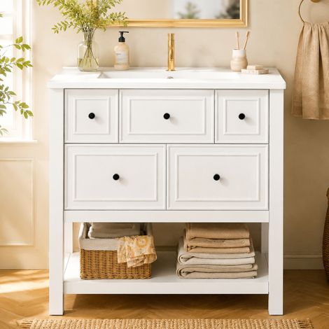 Modernluxe - Meuble de salle de bain avec vasque en céramique - 5 tiroirs + étagères ouvertes - MDF - Blanc (1/5)